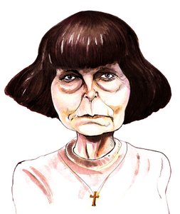 Sofia Gubaidulina, Russian composer colour ink caricature by Neale Osborne